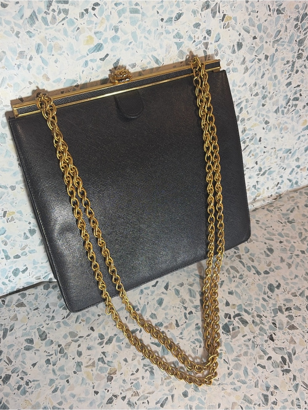 Bienen Davis Vintage Black Leather Frame Bag Gold Chain Shoulder Purse - Picture 2 of 9